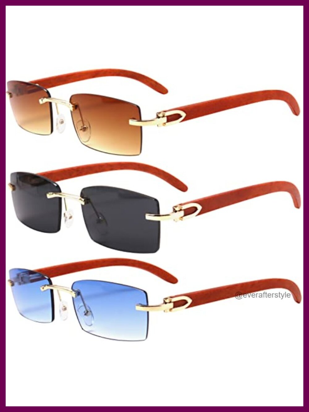 Rimless Rectangle Sunglasses UV400 Metal Wood Temples Unisex Designer